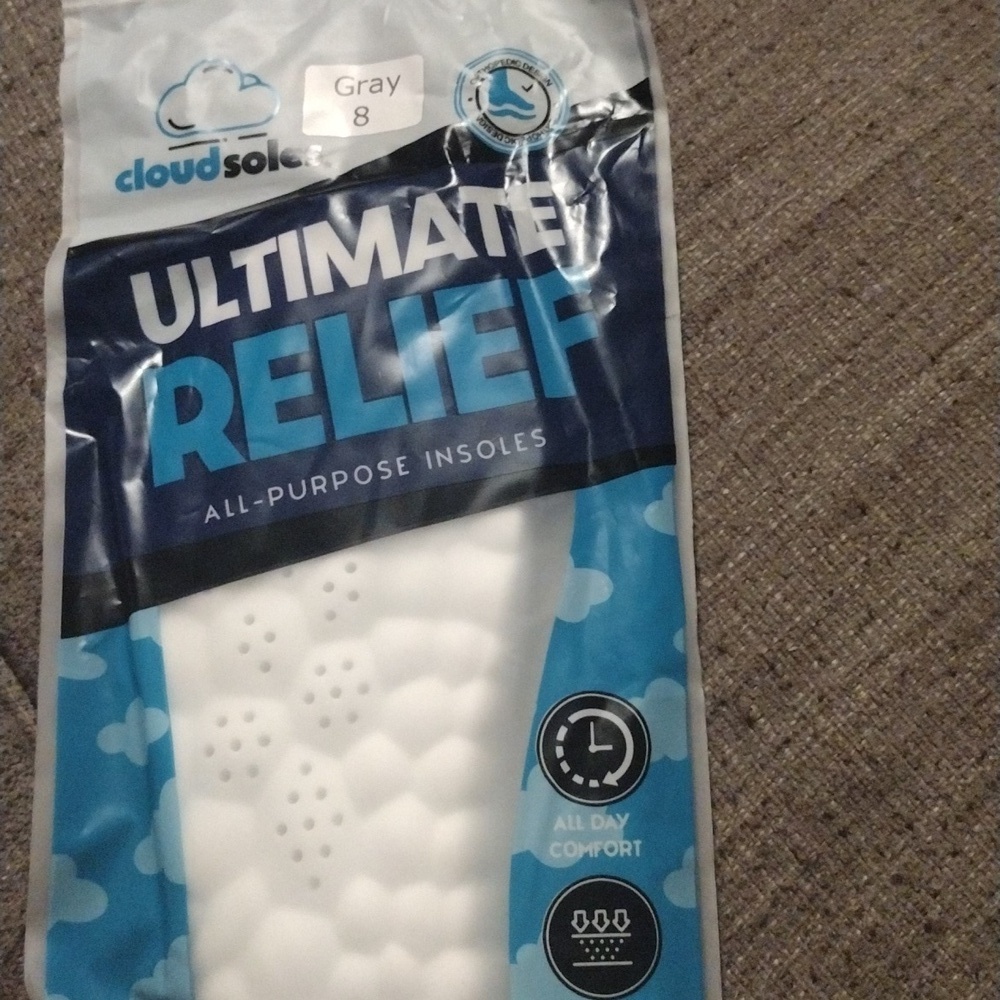 Cloud Sole Ultimate Relief Insoles -All-Day Comfort, Size 8, White/Blue